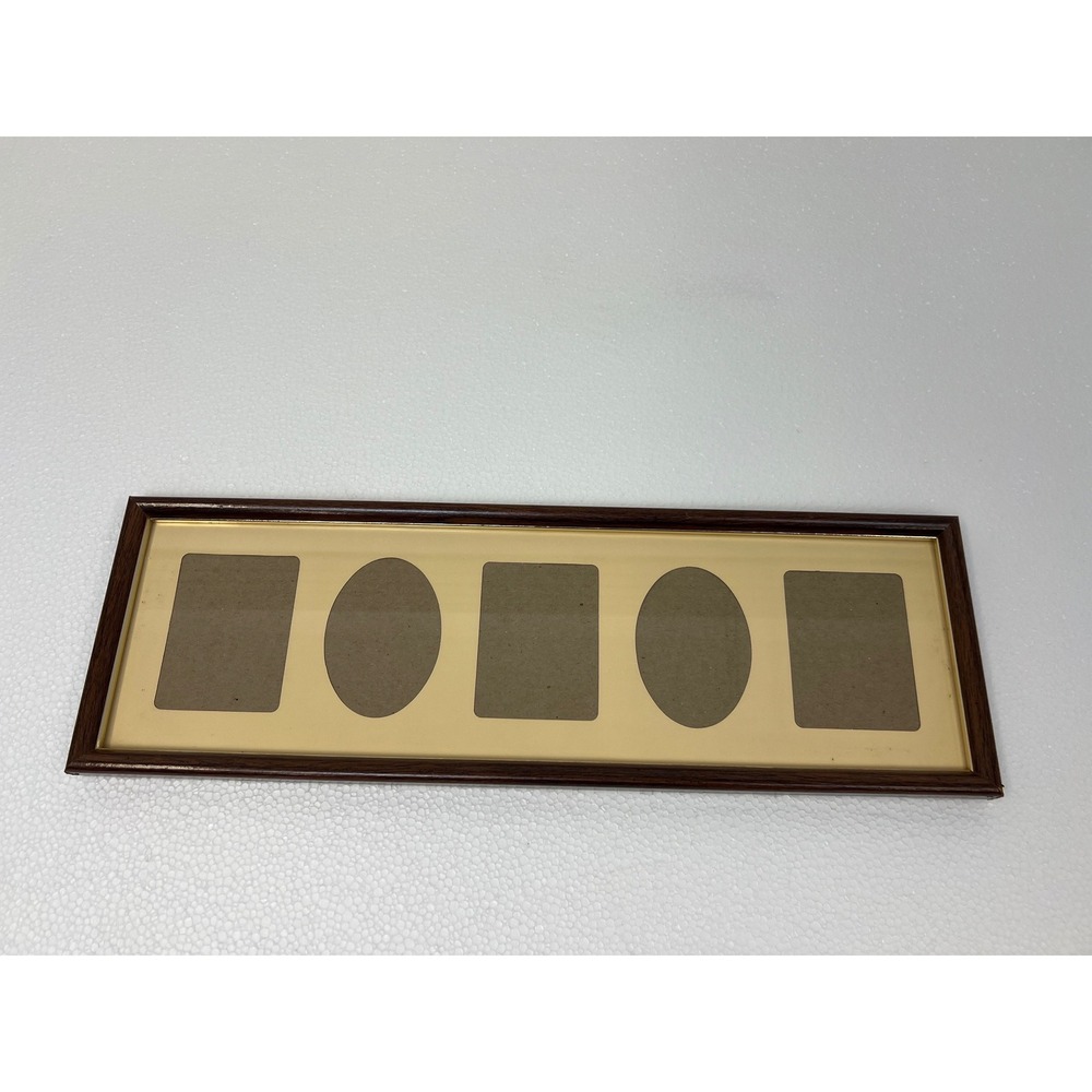 Vintage Dark Wood Grain 5 Opening Collage Picture Frame Gold Trim 80s 90s Wall